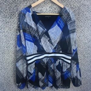 Lane Bryant Blue Black and White Striped-Waist V-Neck Peplum Blouse
